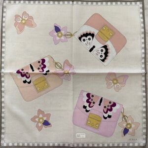 Vintage handkerchief Furla Pink and Cream Scarf with Floral and Bag Design